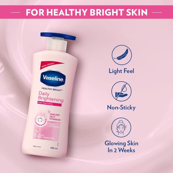 Vaseline Healthy Bright Body Lotion 400 ml, Daily Brightening Moisturizer with Sunscreen for Dry Skin, Gives Non-Greasy Glowing Skin - For Men & Women - Image 3