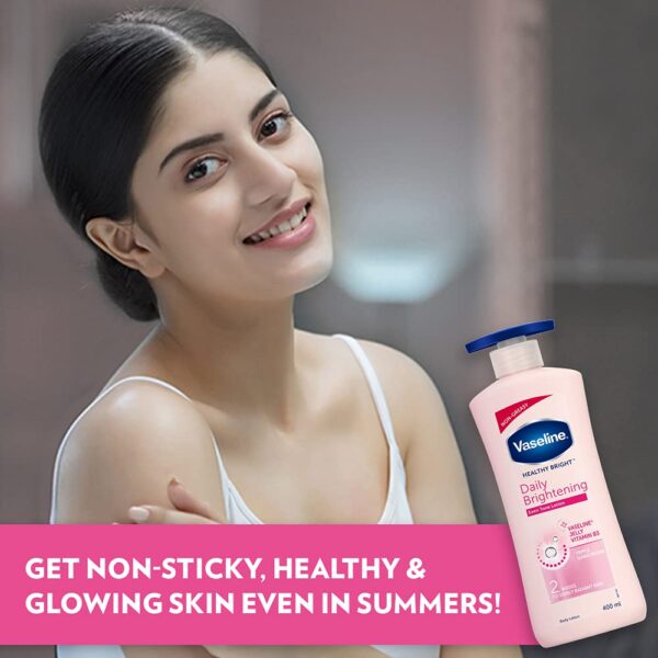 Vaseline Healthy Bright Body Lotion 400 ml, Daily Brightening Moisturizer with Sunscreen for Dry Skin, Gives Non-Greasy Glowing Skin - For Men & Women - Image 2