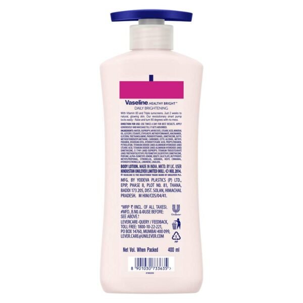 Vaseline Healthy Bright Body Lotion 400 ml, Daily Brightening Moisturizer with Sunscreen for Dry Skin, Gives Non-Greasy Glowing Skin - For Men & Women - Image 4
